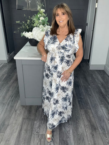 Fern print cross over V neck maxi-Navy
