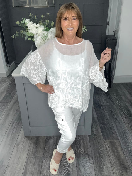 Fern paisley embroidered top-White