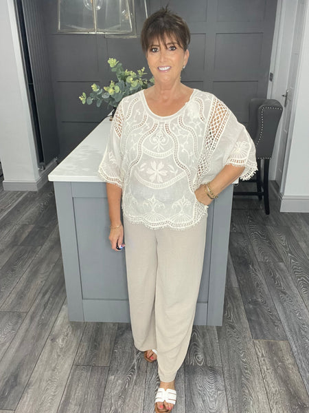 Nina lace embroidered batwing top-Beige