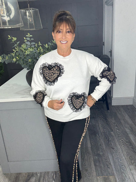 Leopard heart sweater-winter white