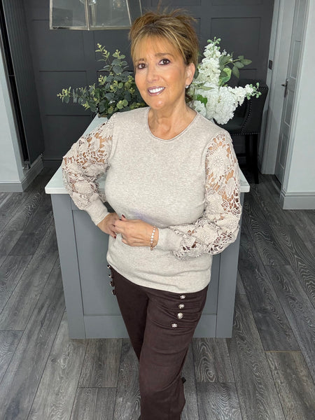 Italian lace sleeve sweater-Beige