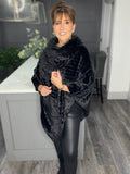 Luxe faux fur chevron poncho-Black