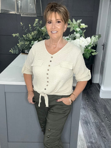Cream V neck tie top