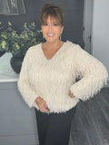 V neck sparkle fringe sweater-Cream
