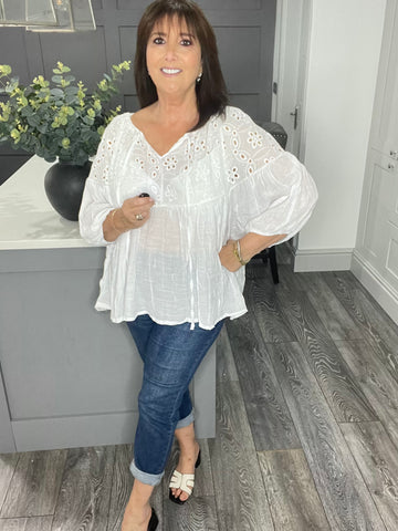 Fern broderie anglaise balloon sleeve top-White