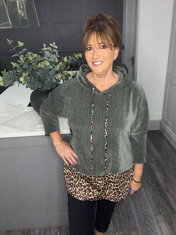 Lora leopard velour hoody-Khaki