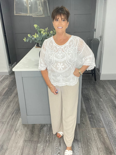 Nina lace embroidered batwing top -White