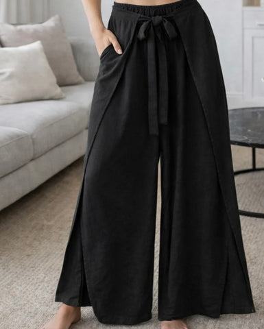 Italian wrap front,split hem wide leg trouser-Black