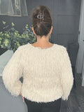 V neck sparkle fringe sweater-Cream