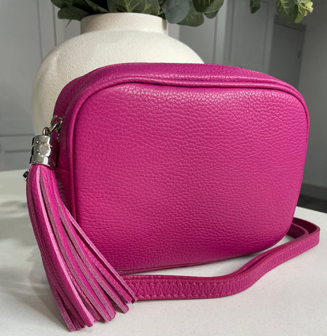 Genuine Italian leather crossbody tassel bag-Fuchsia