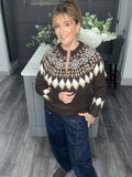 Fair Isle zip neck soft knit jumper-Chocolate