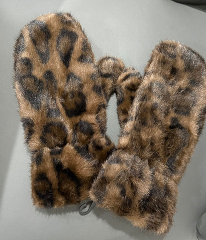 Lux faux fur leopard mittens-Chocolate