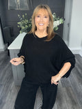Balloon sleeve slouch knitted top-black