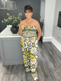 Portofino lemon tile print bandeau jumpsuit with pockets-Khaki