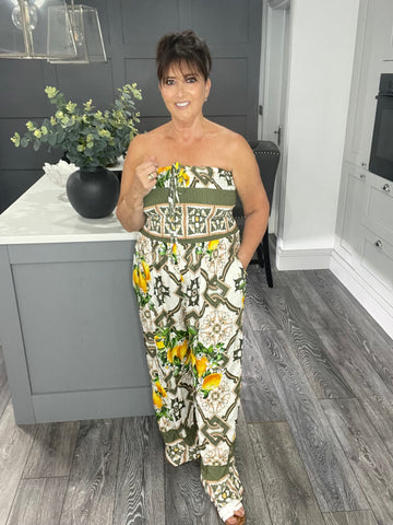 Portofino lemon tile print bandeau jumpsuit with pockets-Khaki
