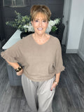 Soft knit frill sleeve sweater-Taupe