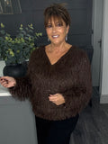 V neck sparkle fringe sweater-Chocolate