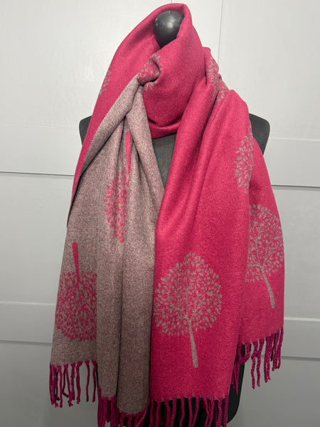 Luxury Cashmere blend tree of life reversible scarf-Berry/Plum