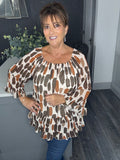 Abstract print frilled layered bardot top-Tan