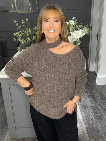 Soft slash neck knitted sweater-Mocha