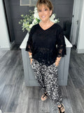 Shirred waist balloon leg leopard pants-Black