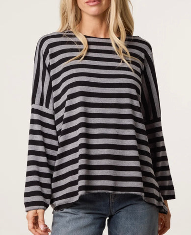 Stripe soft knit top-Grey/Black