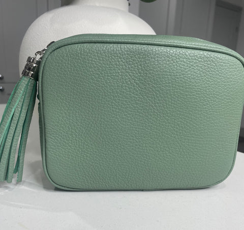 Genuine Italian leather crossbody tassel bag-Pistachio green