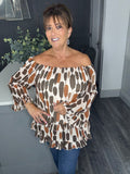 Abstract print frilled layered bardot top-Tan