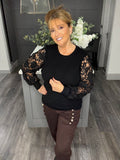 Italian lace sleeve sweater-Black