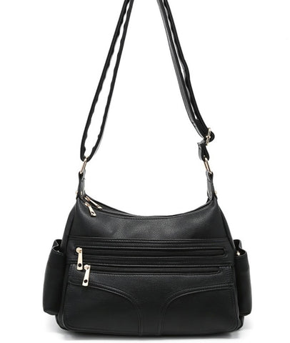 Soft double zip shoulder crossbody bag-Black