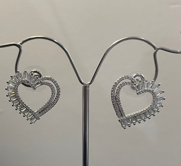 Silver finish crystal heart stud earrings