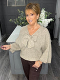 Fluffy bow front jumper-fawn