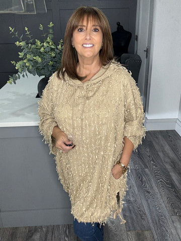 Shaggy hooded top-Beige