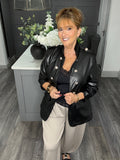 PU military ruched sleeve blazer-Black