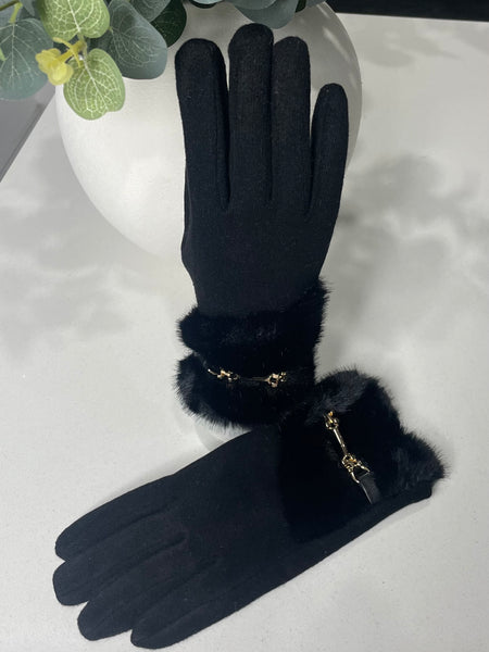 Gold chain fur trimmed gloves -Black