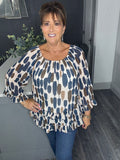 Abstract print frilled layered Bardot top -Blue multi