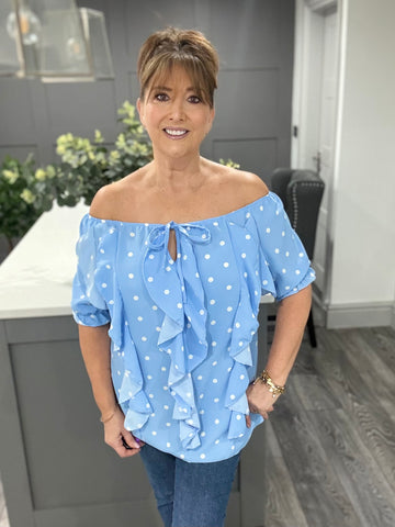 Polka Dot ruffle top-sky blue