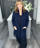 Italian fringed long line cardigan-Navy