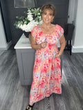 Coral/fuchsia abstract animal print tiered Maxi dress