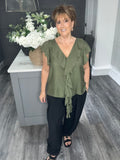Cascade ruffle trim blouse-Khaki