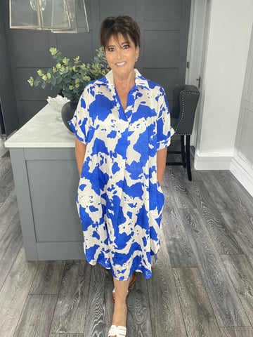 Abstract print pocket shirt dress-Cobalt blue