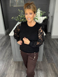 Italian lace sleeve sweater-Black