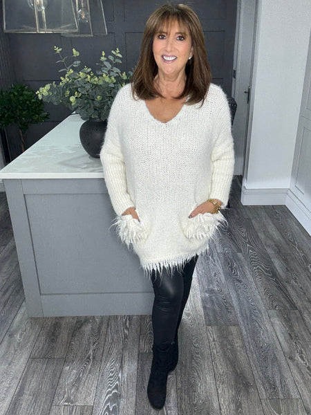 Courtney fluffy chunky pocket jumper -Winter white