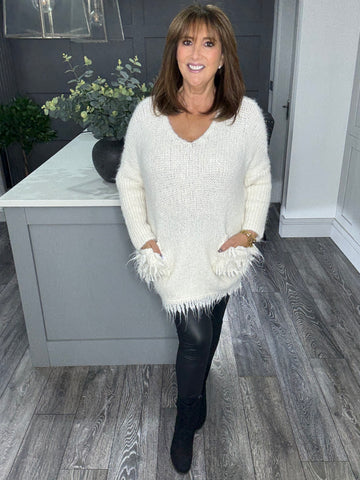 Courtney fluffy chunky pocket jumper -Winter white