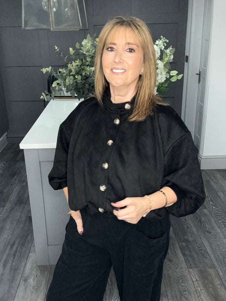 Black suedette bubble hem bomber jacket