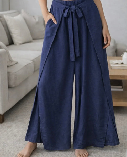 Italian wrap front,wide leg trousers-Navy