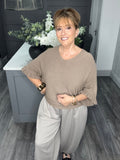 Soft knit frill sleeve sweater-Taupe