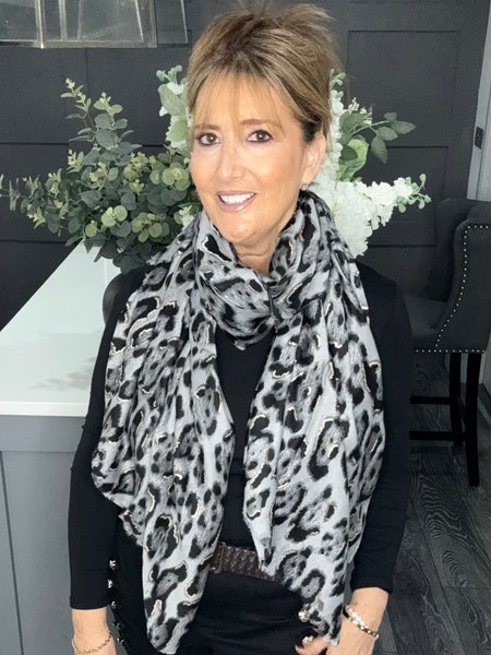 Metallic leopard print scarf-Grey