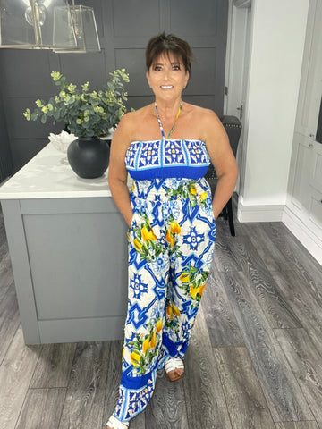 Portofino lemon tile print bandeau pocket jumpsuit-Royal blue