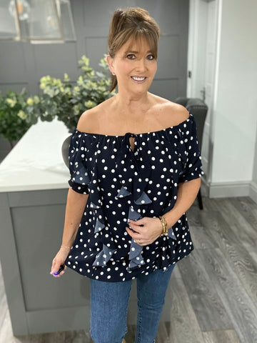 Polka Dot ruffle top-Navy